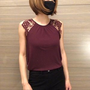 H&M burgundy top with floral lace at the top.  Size small.
